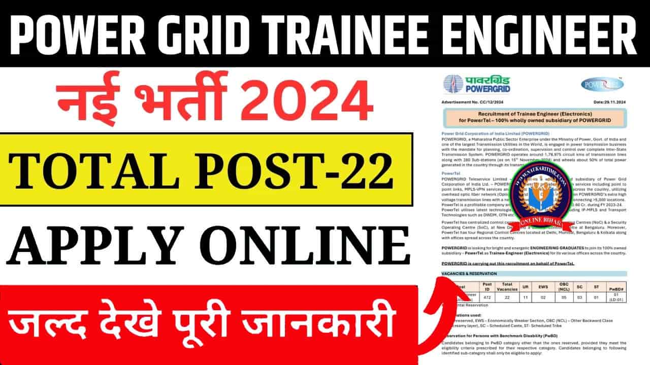 Power Grid Trainee Engineer Recruitment 2024: Trainee Engineer (Electronics) के पदों पर भर्ती, जाने पूरी जानकारी 1 Power Grid Trainee Engineer Recruitment 202